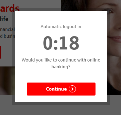 A dialog box with a countdown and text "Automatic logout in 0:18. Would you like to continue with online banking?" and a "Continue" button