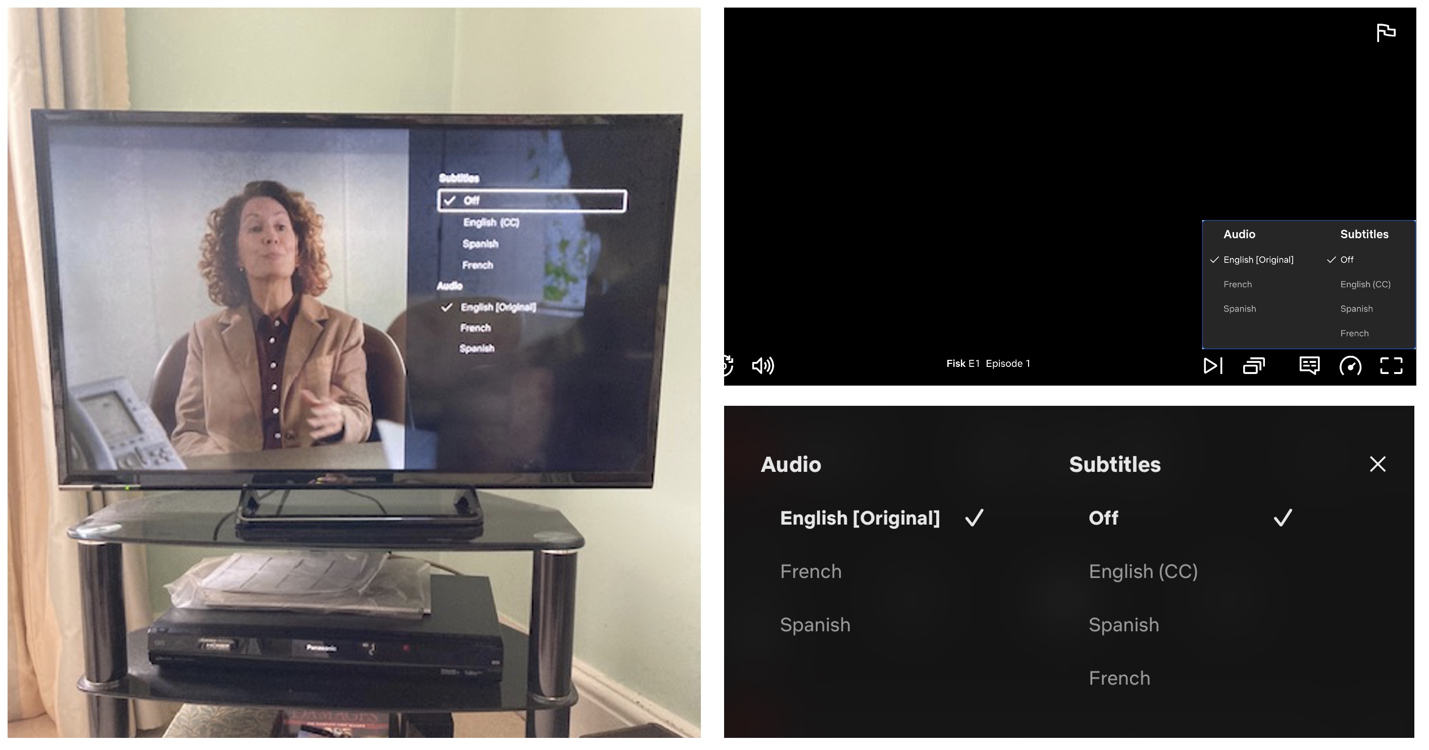 Three screenshots showing the same design for the Netflix  Audio & Subtitles menu on TV, web and iOS