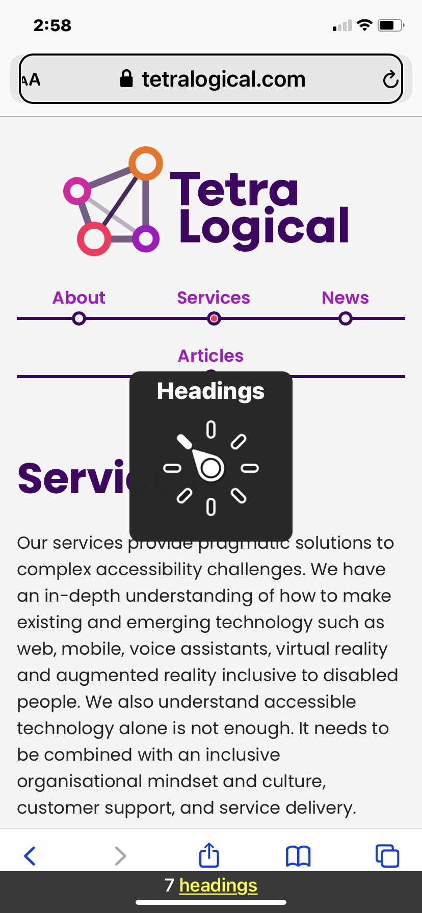The iOS rotor showing the headings options selected on the TetraLogical homepage