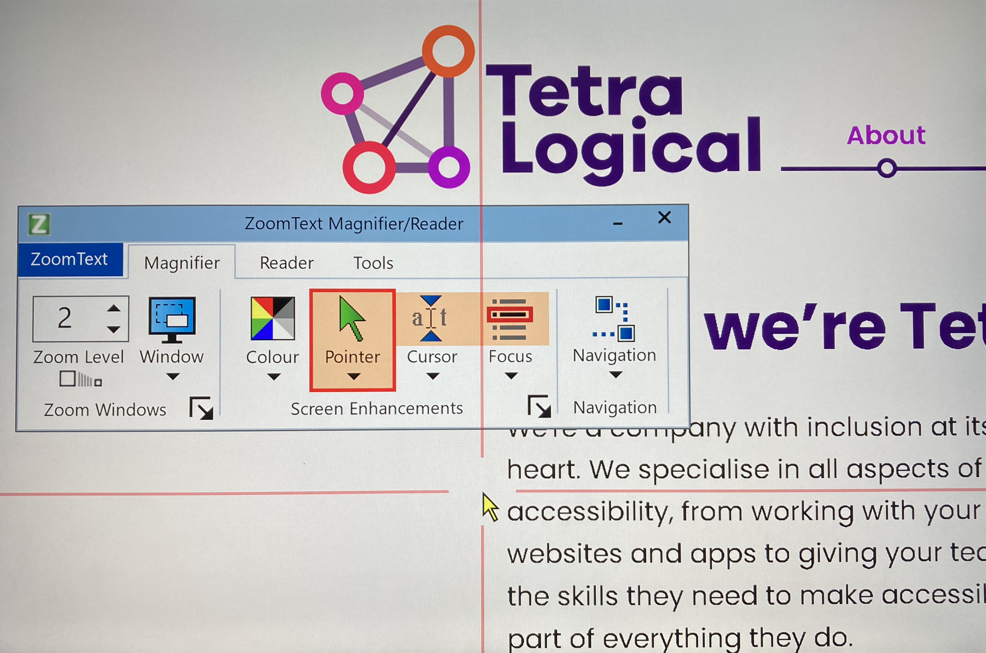 The TetraLogical homepage with the ZoomText cross hair tool open
