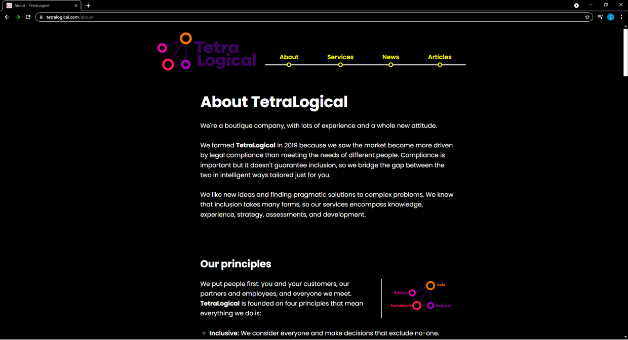 A page from the TetraLogical website in High Contrast mode (static text is white, links are yellow and the background is black)