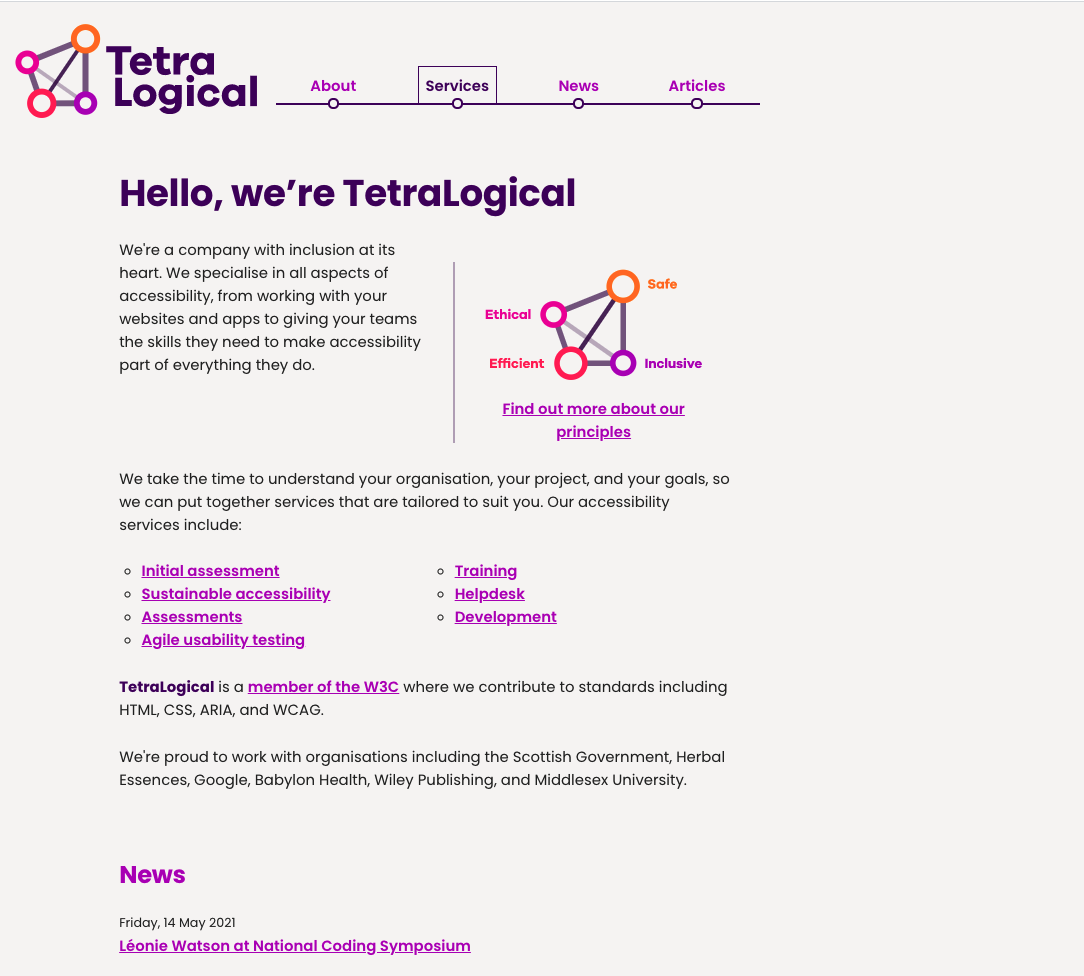 The TetraLogical homepage, containing brief sections of content and bulleted lists