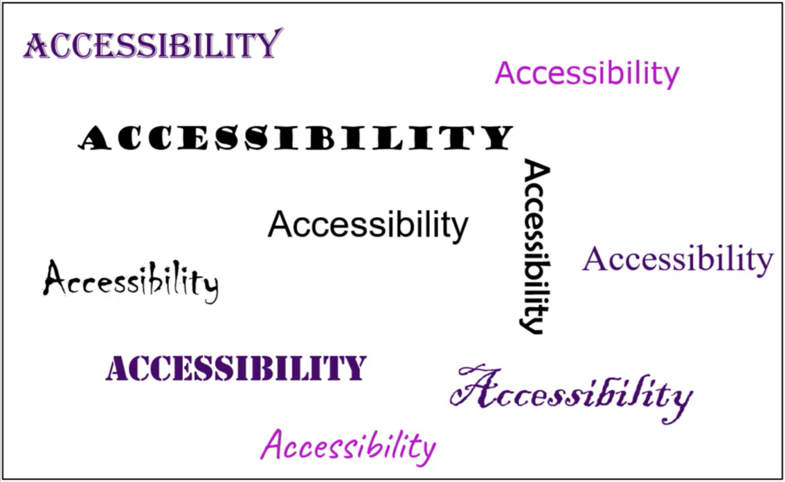 The same word "accessibility" displayed in a variety of fonts and styles
