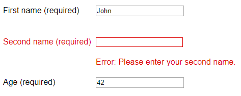 The same content as in the previous image, except a visible text message is now below the error field 'Error: Please enter your second name'.