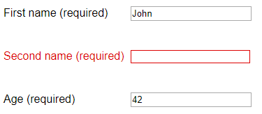 Three text fields labeled 'First name (required)', 'Second name (required)' and 'Age (required)'. The first name field contains the value of 'John'. The age field contains the value of 42. The second name field is empty. The label text and the border for the field are shown in red to indicate it's in an error state.