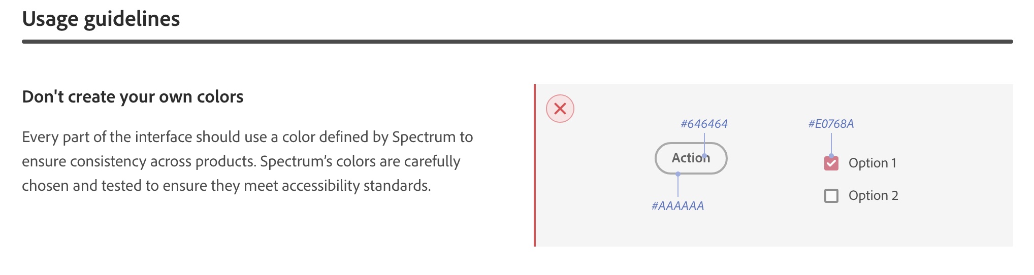 Screenshot of usage guidelines for colour with a warning to not create your own colours