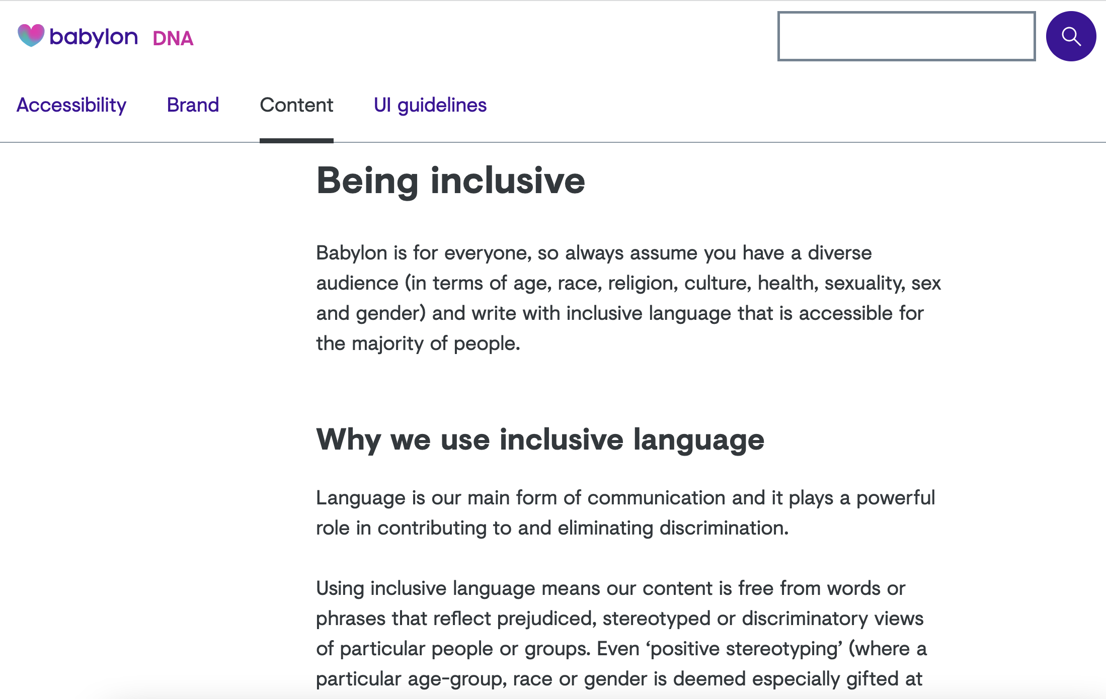 A screenshot of the Babylon Health DNA design system editorial guidelines for Being inclusive