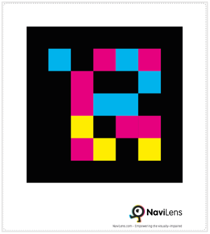 NaviLens code with a black background, containing a number of smaller blue, pink, and yellow squares.