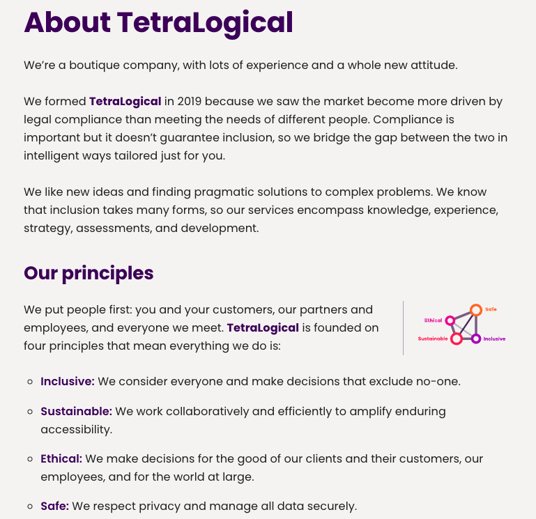 A heading level 1 for About TetraLogical, a heading level 2 for Our Principles, and an unordered list of the About TetraLogical page