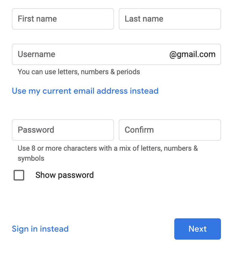 A link to 'Sign in instead' and a 'Next' button adjacent to each other at the bottom of a form.
