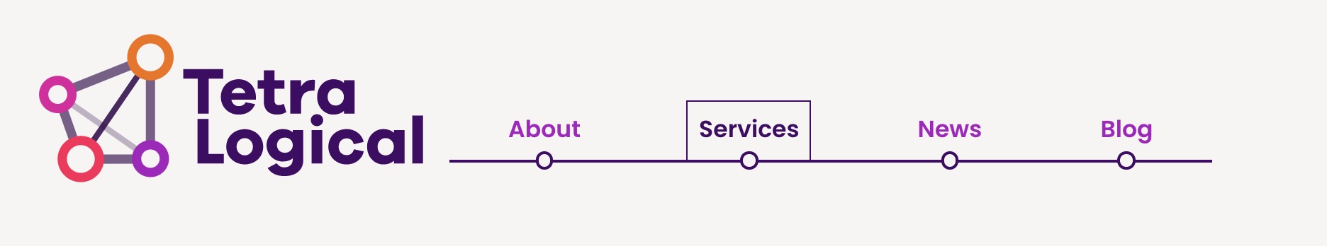 The navigation menu on the TetraLogical website. A dark purple border is visible around one of the links