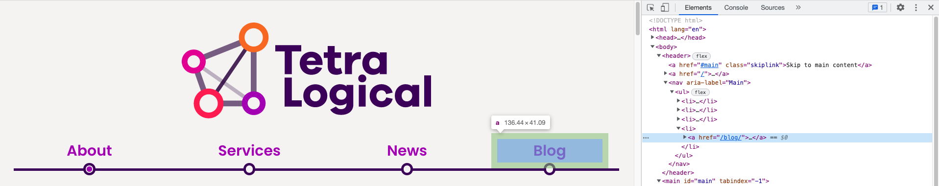 The TetraLogical site, with the Blog control highlighted, displaying that the element is an <a> element, sized 136.44 pixels wide, by 41.09 pixels tall.