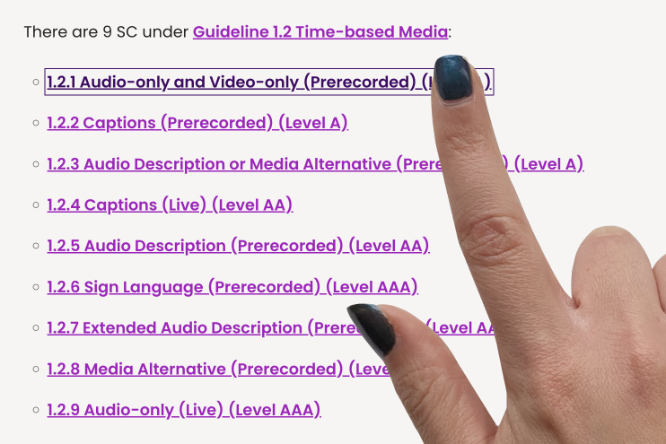 A hand overlaid on top of a list of links, with the fingertip tapping a link which has an outline showing the target area