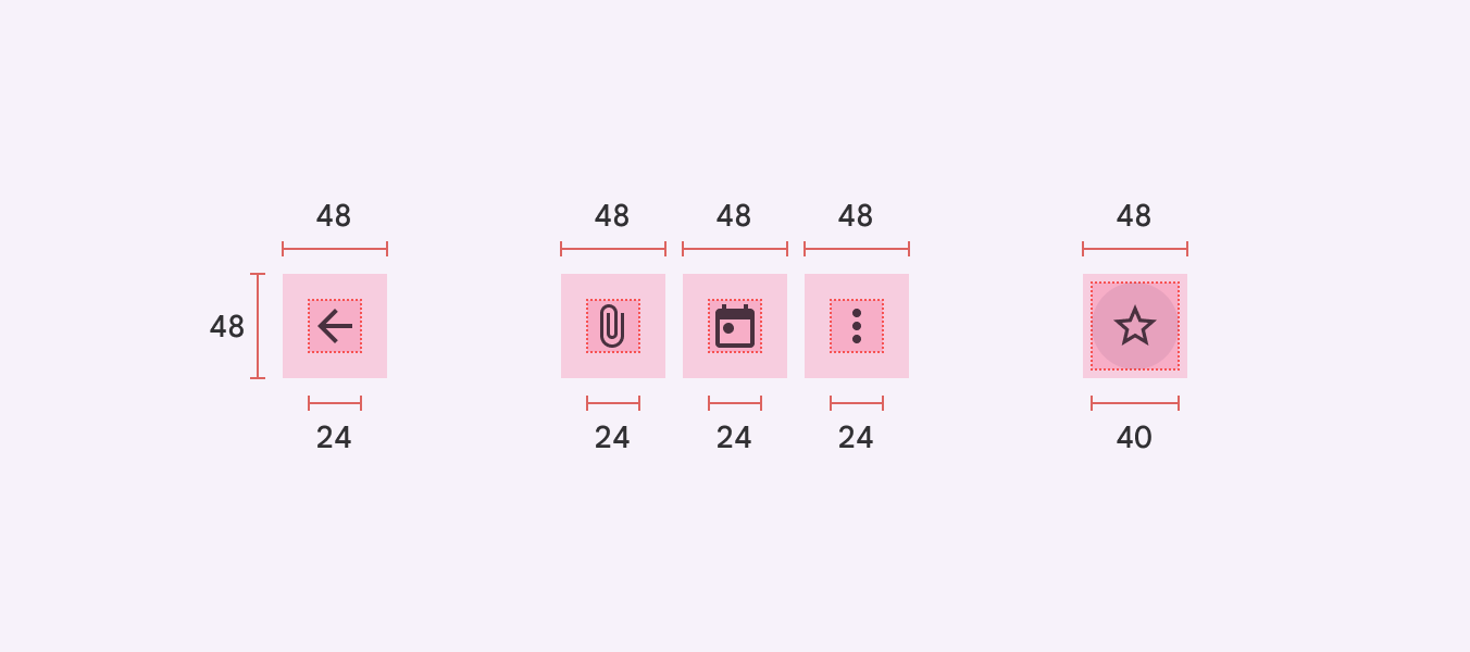 A series of controls where the icons are different sizes, such as 24dp and 40dp, but use padding around the icon to increase the target size to 48dp.
