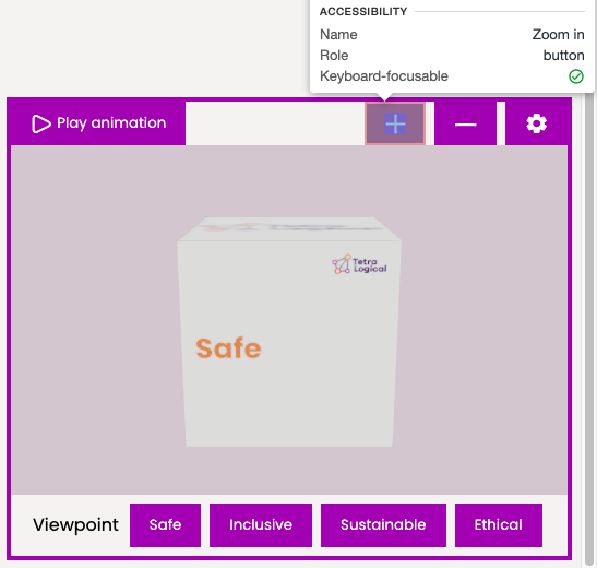 A 3D model of a cube featuring the TetraLogical principles, with controls to play an animation, zoom in and out, and to navigate to different viewpoints. The Chrome DevTools highlights that the zoom in button has an accessible name of: 'Zoom in' and a role of button.