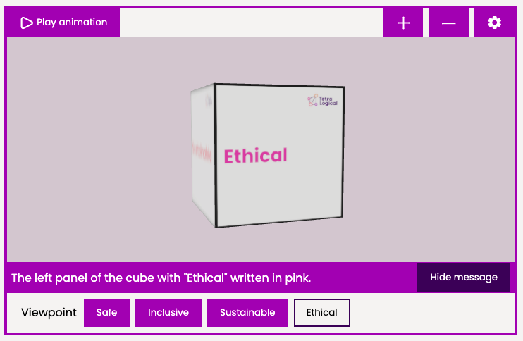 A 3D model of a cube featuring the TetraLogical principles, with controls to play an animation, zoom in and out, and to navigate to different viewpoints. The Chrome DevTools highlights that the zoom in button has an accessible name of: 'Zoom in' and a role of button.