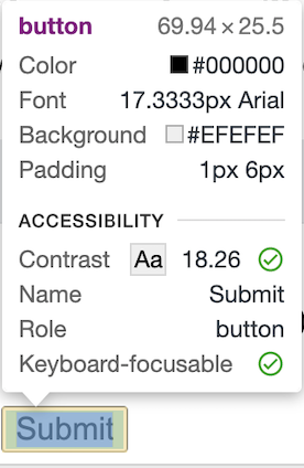 A submit button with the open Accessibility Inspector in Chrome