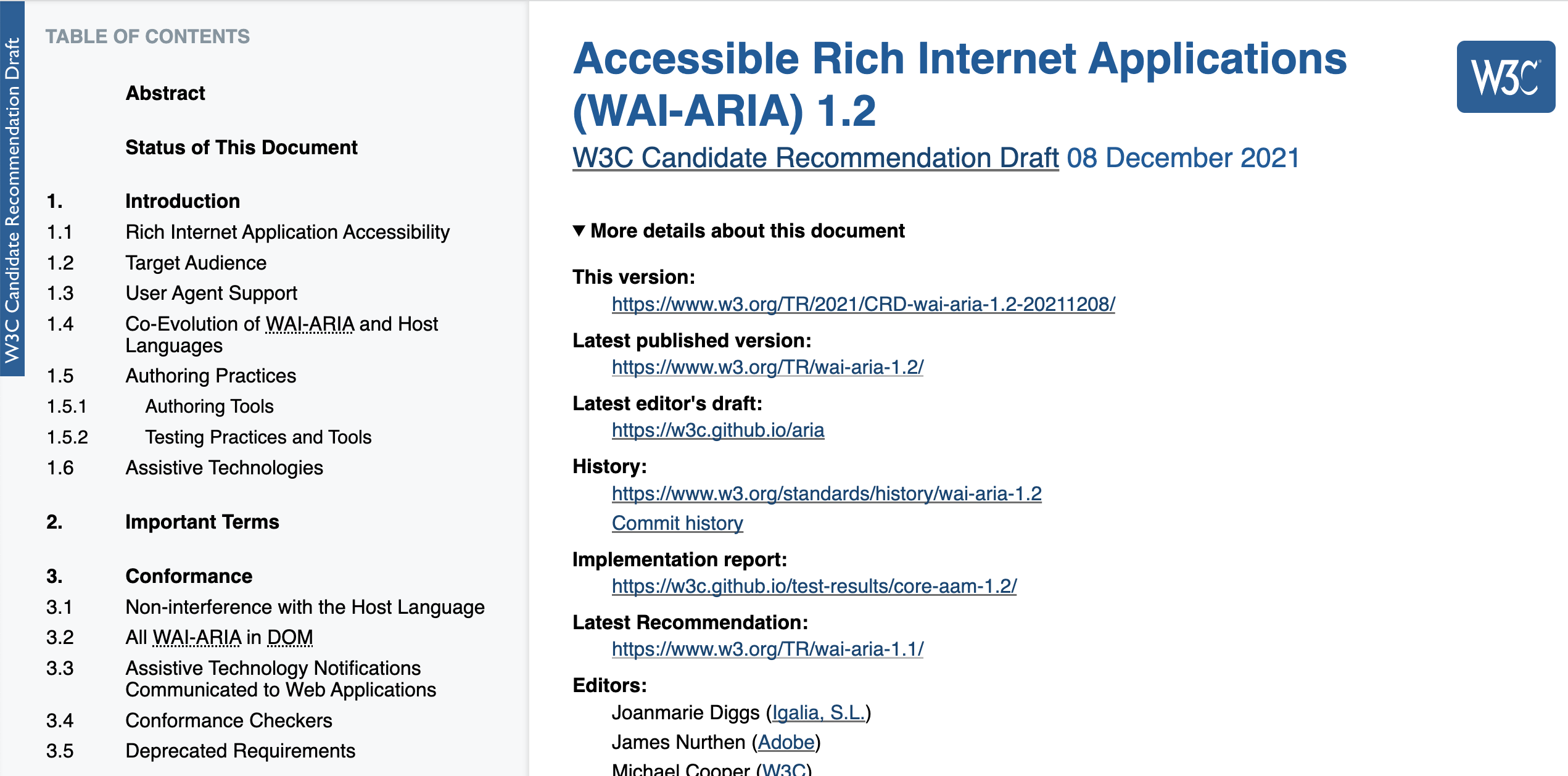 The WAI ARIA homepage