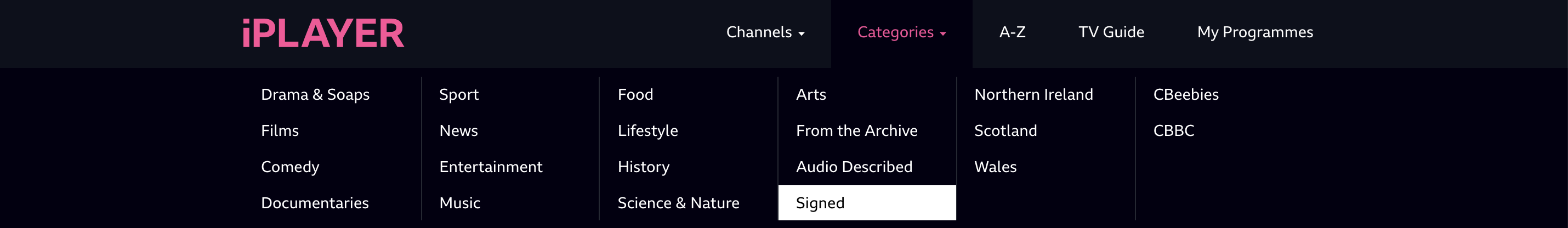 The open iPlayer category menu with the signed category highlighted. Other categories include film, drama and soaps, entertainment, audio described etc.