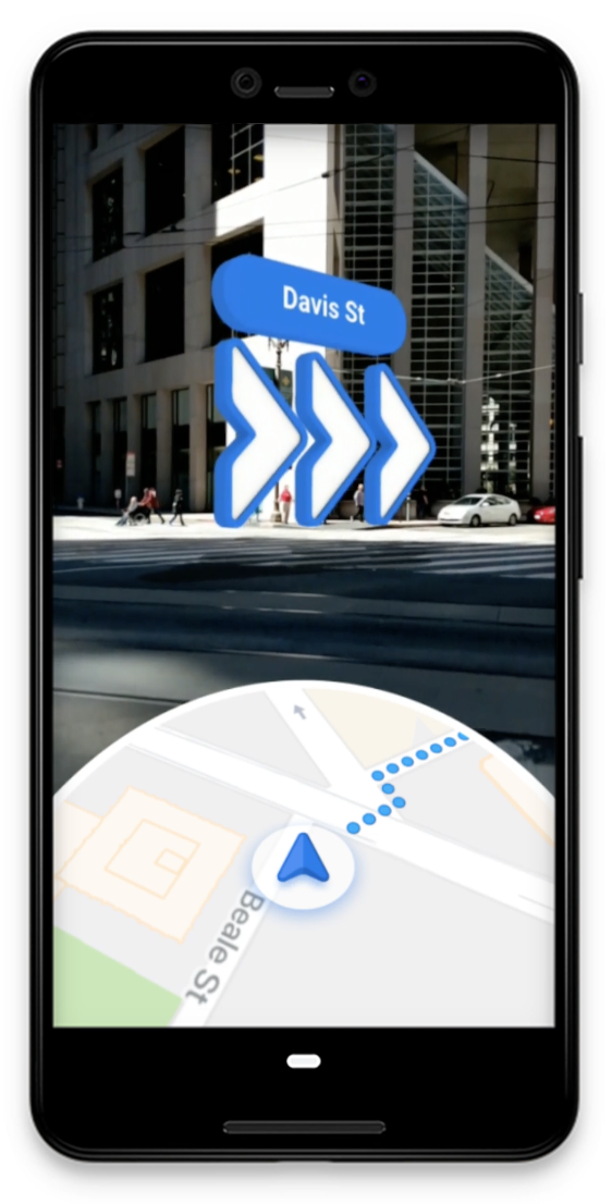 A device with the camera feed displaying the street in front of the device, with a 3D model of arrows pointing to the right, indicating the direction to go.