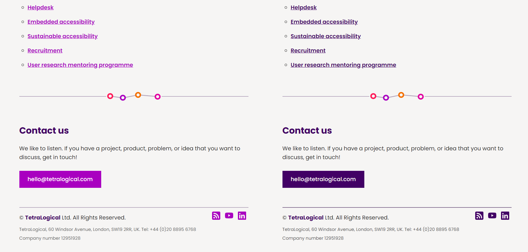 Side-by-side comparison of a section of the tetralogical homepage in regular and high contrast mode. In regular mode, links use a light purple colour. In high contrast mode, they use a much darker shade of purple