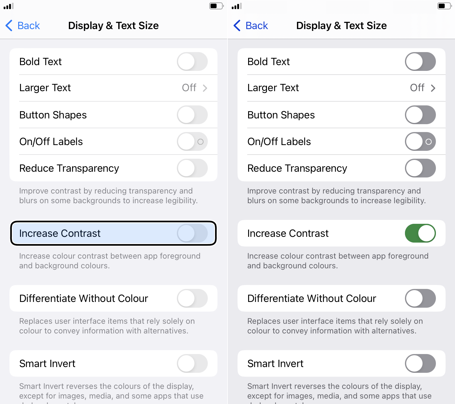 The settings app on iOS, showing the 'Accessibility > Display & Text Size' screen, with the 'Increase contrast' toggle highlighted. The screenshot shows the effect with the toggle off and on