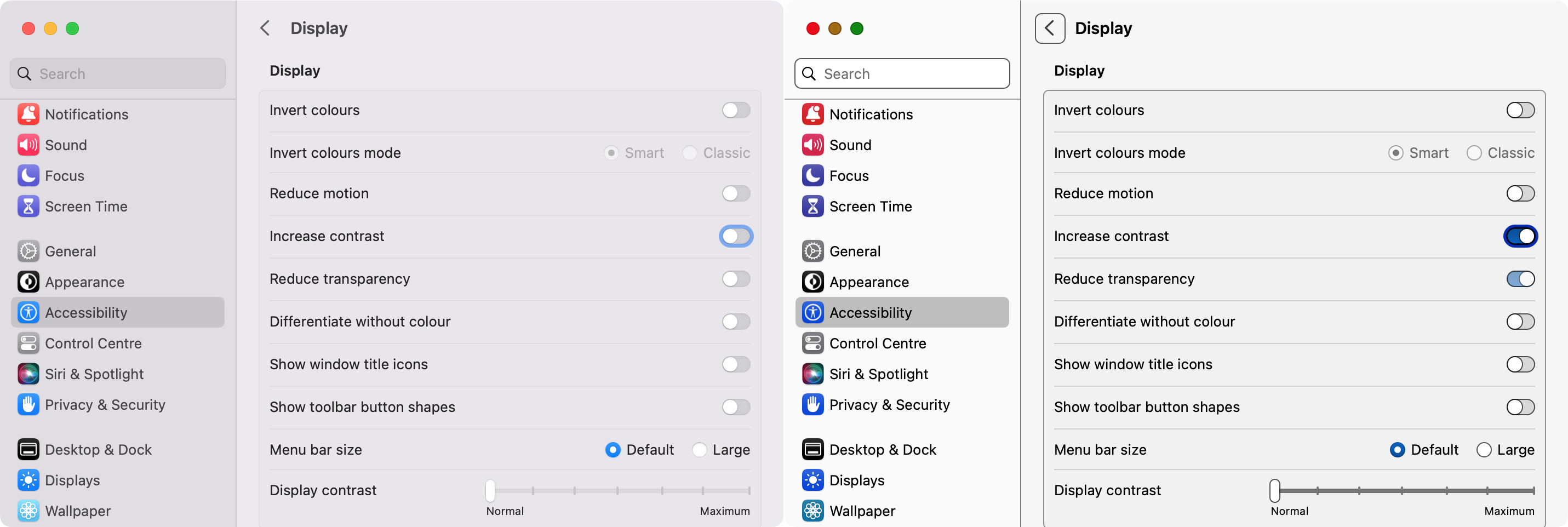 The settings app on macOS, showing the 'Accessibility > Display' section, with the 'Increase contrast' toggle highlighted. The screenshot shows the effect with the toggle off and on