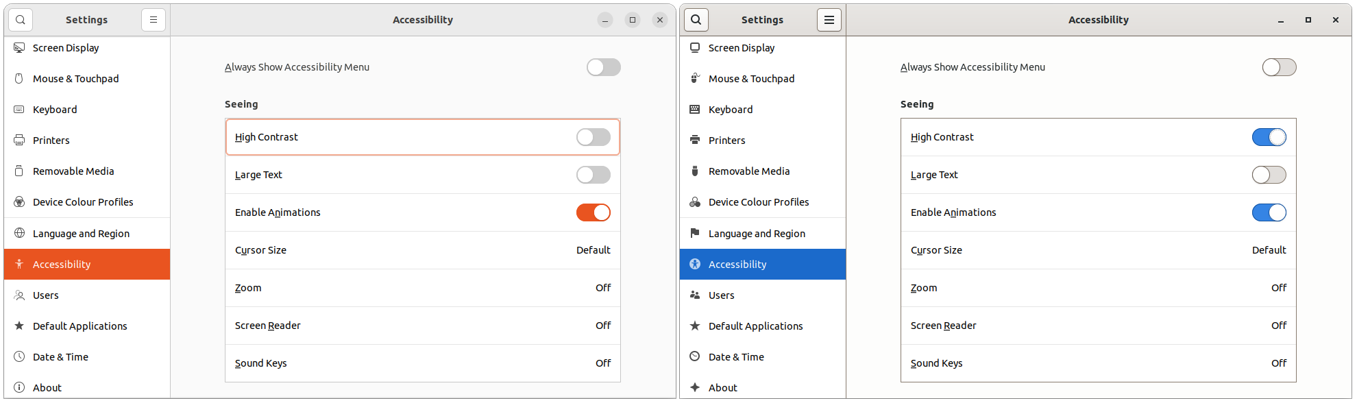 The settings app on Ubuntu, showing the 'Accessibility > Seeing' section, with the 'High Contrast' toggle highlighted. The screenshot shows the effect with the toggle off and on