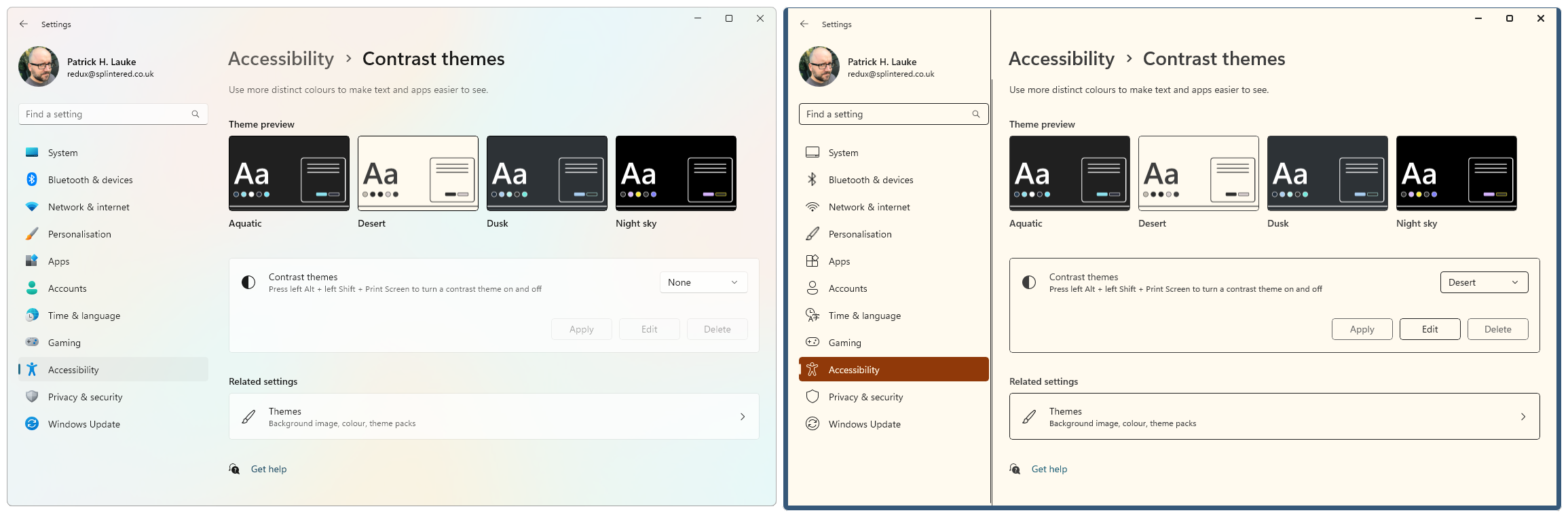 The settings app on Windows, showing the 'Accessibility > Contrast themes' screen. The screenshot shows the effect of selecting and applying one of the themes, 'Desert'