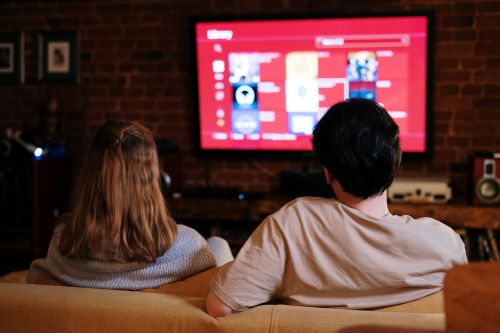 Looking from behind at two people sat on a sofa looking at a TV in front of them with an app on screen