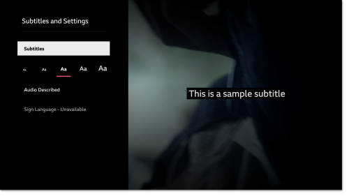 Screenshot of the BBC iPlayer app showing the open Subtitles and Settings menu with font size choices and some sample subtitle text