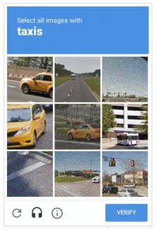 'Select all images with taxis' box, showing a grid with nine images, some of which include yellow taxis