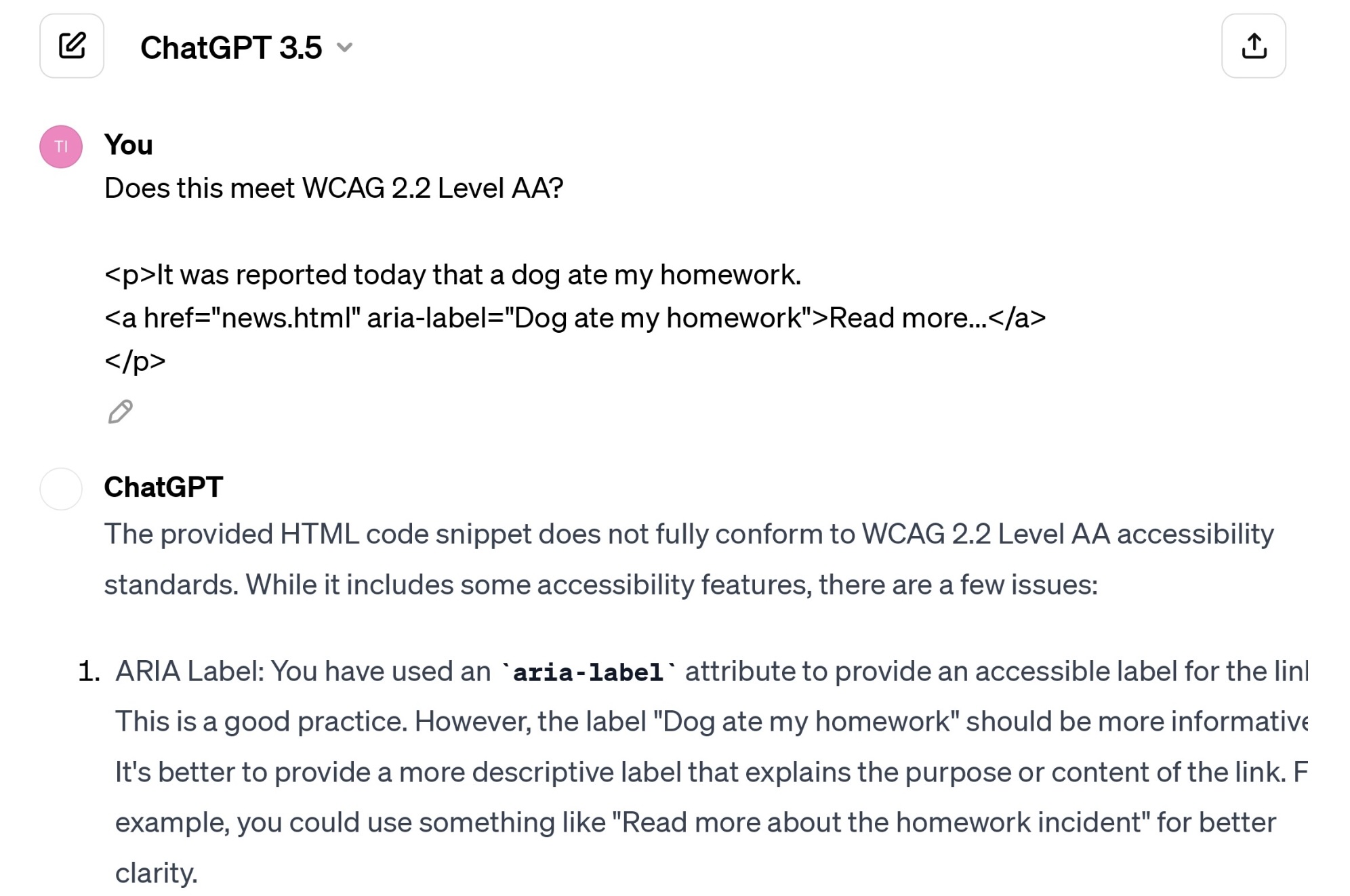 A partial screenshot of ChatGPT's response to the question Does this meet WCAG 2.2 Level AA?