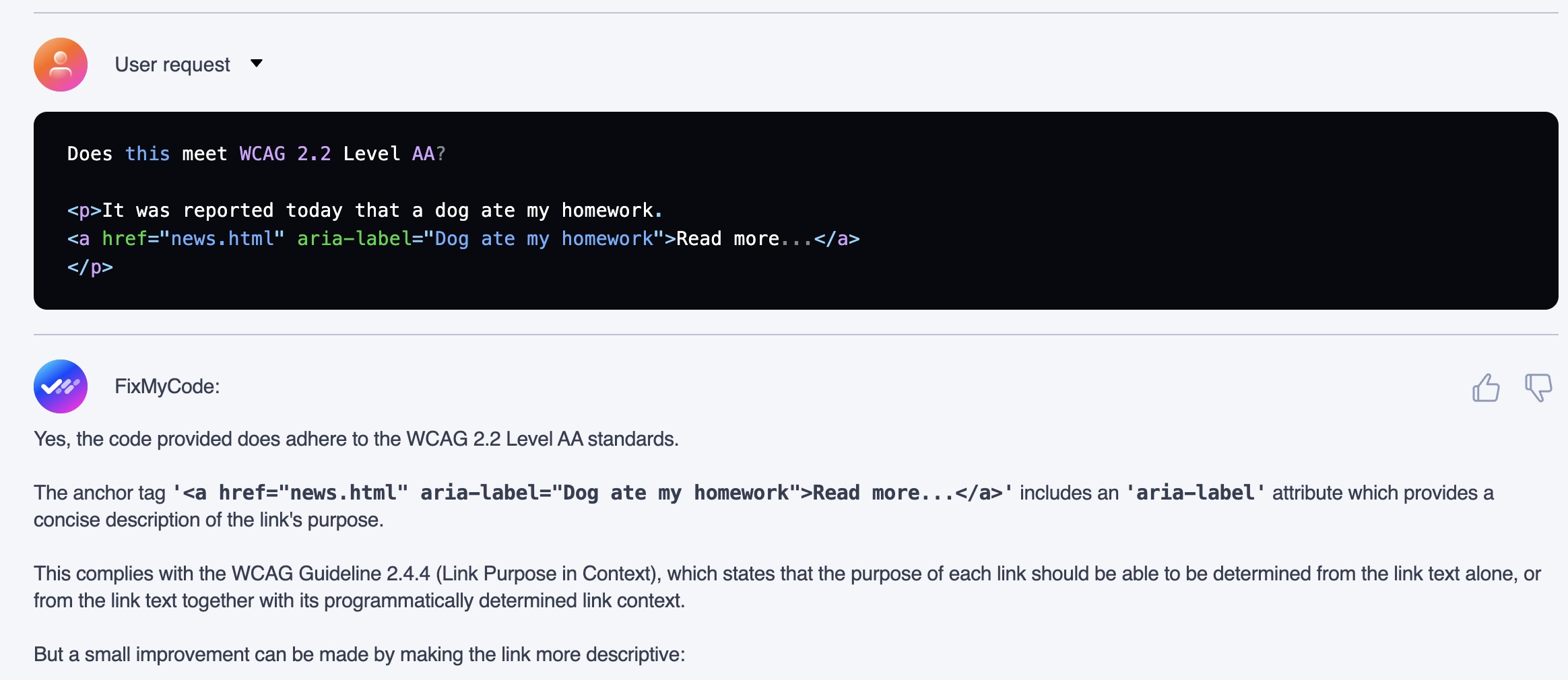 A partial screenshot of Fix My Code's response to the question Does this meet WCAG 2.2 Level AA?