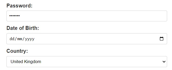 A collection of different input types, including password, date of birth date picker and a select element for country selection