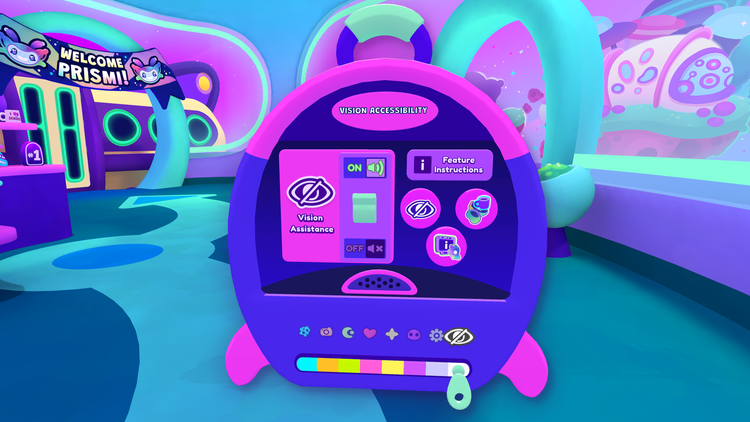 Screenshot taken from Cosmonious High, with the accessibility settings displayed on the back of the player's backpack. Settings allow the user to turn vision assistance on or off, turn on high contrast object outlines, and enable grab and release object confirmation.