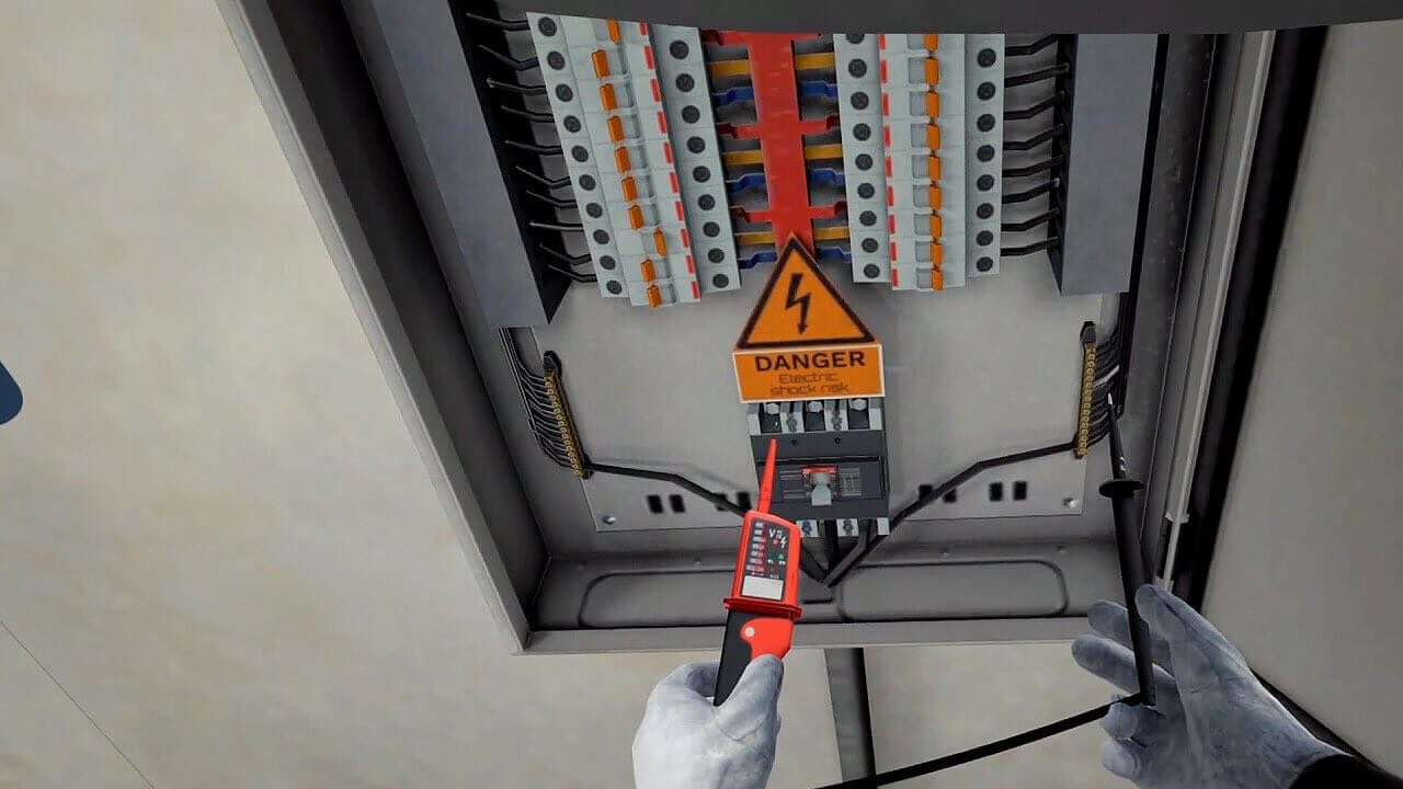 Screenshot taken from a VR experience where the user is holding a multimeter with both hands, with the connection points touching circuits in a fuse box.