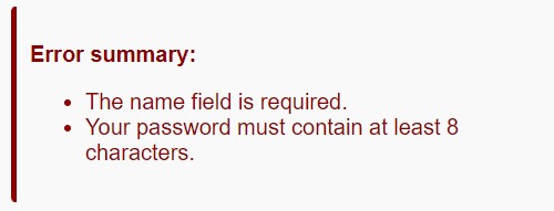 Error summary box with two bullet points in red text: ‘The name field is required’ and ‘Your password must contain at least 8 characters.