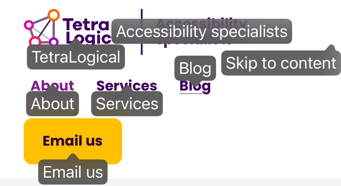 The TetraLogical website's header, with iOS' Voice Control active, and the names of the controls presented alongside the controls.