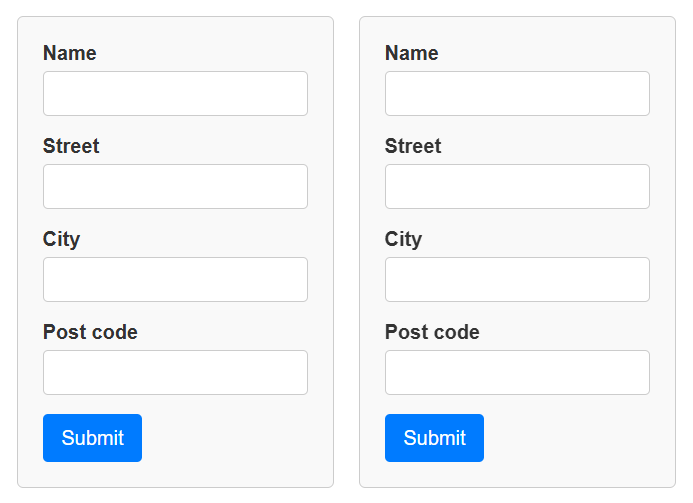 Two form fields appearing next to one another. Each form contains the following fields, Name, Street, City, Post code and a blue Submit button