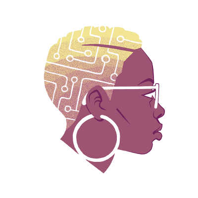 Illustrated profile of Lola with a geometric fade haircut resembling circuit board patterns, wearing large hoop earrings and glasses, facing right.