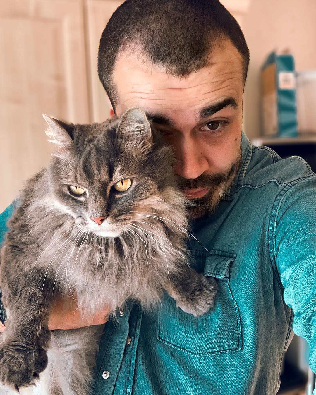 Craig, sporting short brown hair and a denim shirt holds up a large grey fluffy cat with yellow eyes. Sheldon, the cat, looks almost as big as Craig is and covers half of his face