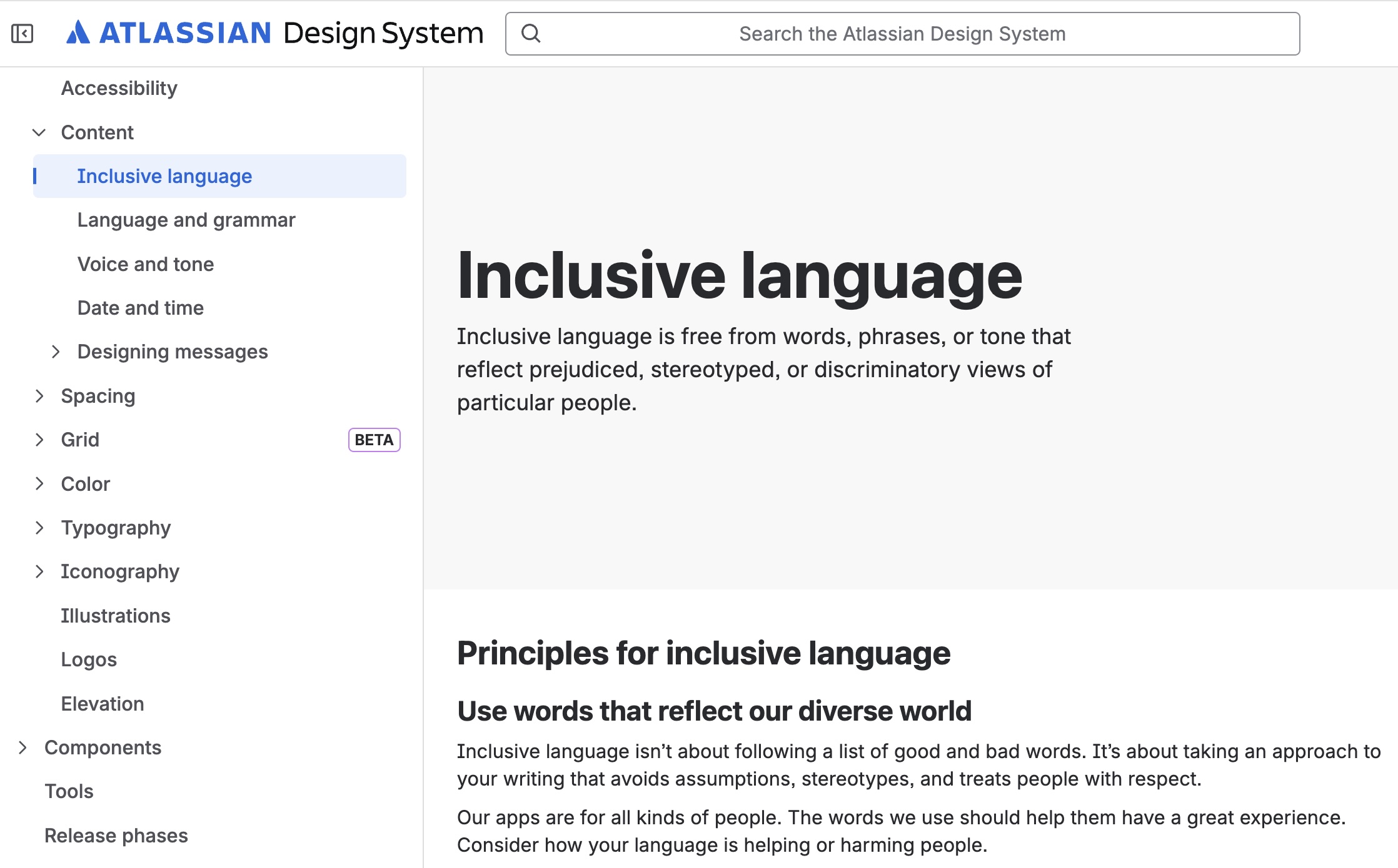 Atlassian Design System page on inclusive language, explaining principles for respectful and bias-free wording.