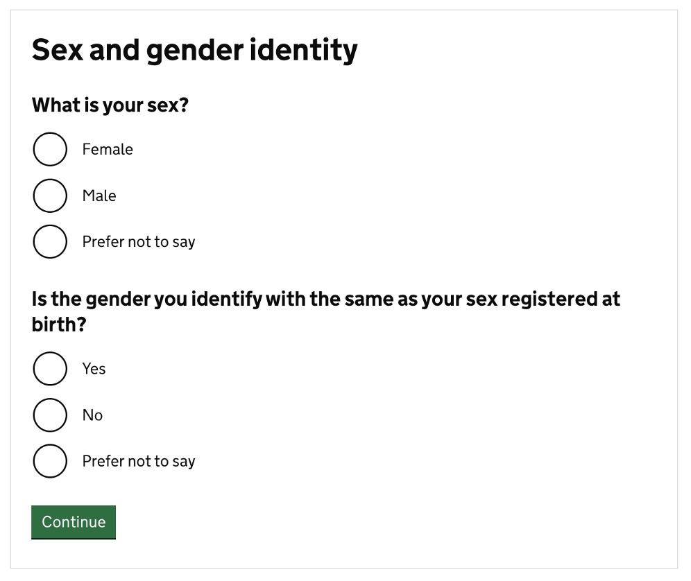 Form on sex and gender identity with options for Female, Male, or Prefer not to say, and a second question about gender identity with Yes, No, or Prefer not to say