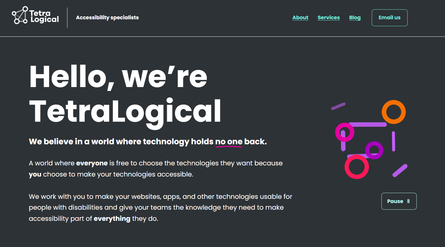 The first section of content on the TetraLogical homepage. The background is dark grey, with white text and aqua links.