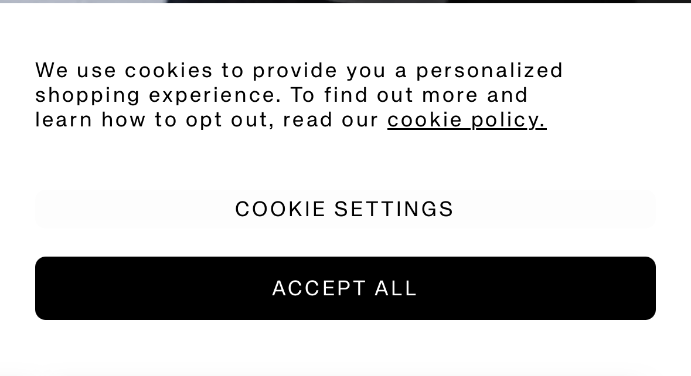 Screenshot of cookies dialog with two interactive elements, one is clearly a black button with white text that reads Accept All, the other does not look interactive but is labelled Cookie Settings