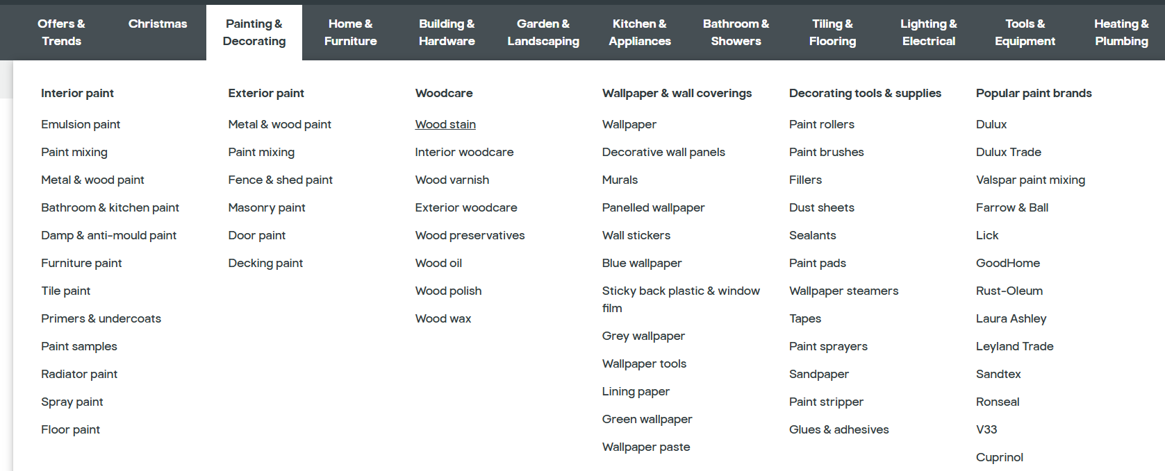 A screenshot of the B and Q navigation links. 12 columns with the painting and decorating links expanded