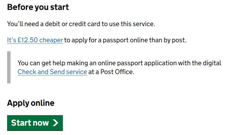 Screenshot of the gov.uk passport application page with the text Before you start You'll need a debit or credit card to use this service