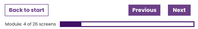 Screenshot of a purple progress bar beneath three buttons: Back to start, Previous, and Next. The progress bar shows Module 4 of 26 screens, conveyed both visually and in adjacent text