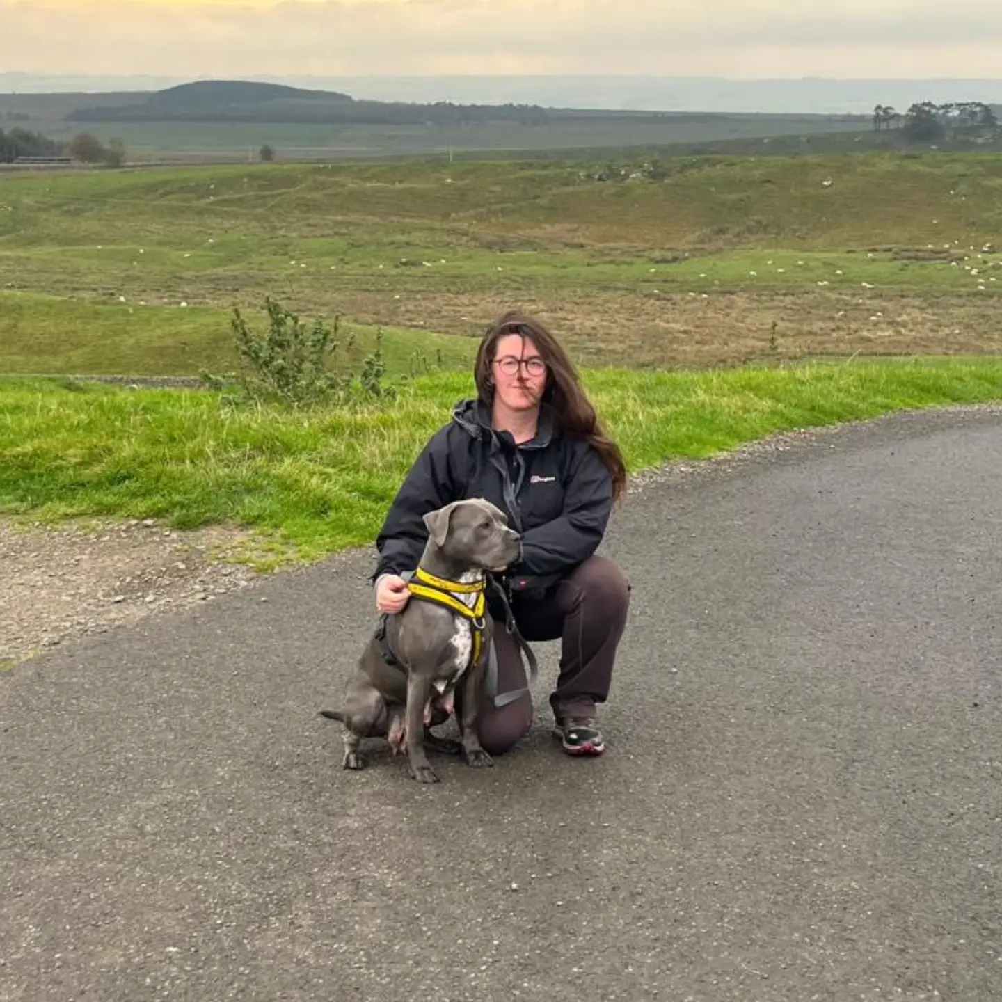 Niamh, whose long brown hair is blowing in the wind, kneels next to Zena, a grey Staffordshire bull terrier looking alert towards something off camera. They are on a road in front of a hodgepodge of green hills and fields in the background
